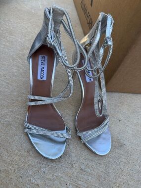 Steve Madden Silver Rhinestone Wrap Ankle Strap Heels
